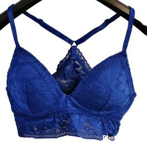 Victoria's Secret Blue Bralette Bra Sz XS Floral Lace With Padded Cups Pullover